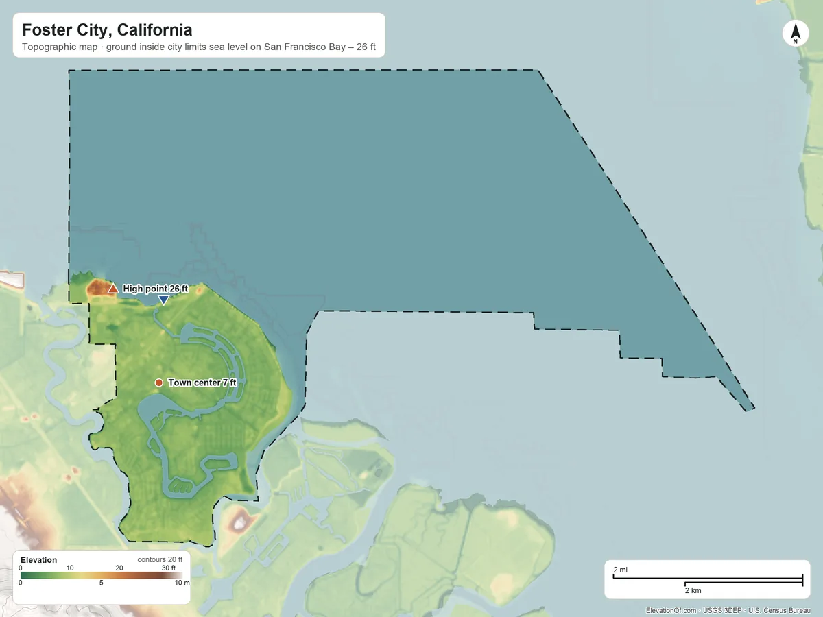 Topographic elevation map of Foster City, California, shaded from sea level level on San Francisco Bay to 26 ft on the northwest side