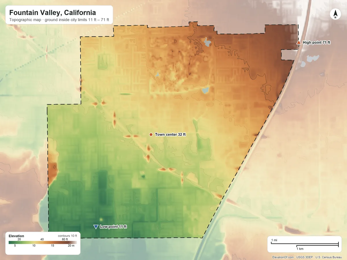 Topographic elevation map of Fountain Valley, California, shaded from 11 ft on the southwest side to 71 ft on the northeast side