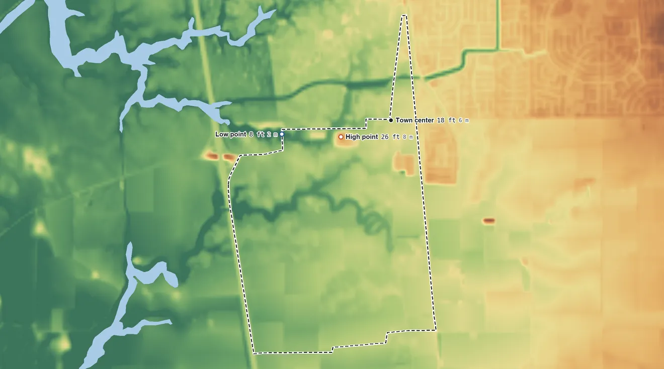 Topographic elevation map of Franklin, Sacramento County, California, shaded from 8 ft on the west side to 26 ft on the west side