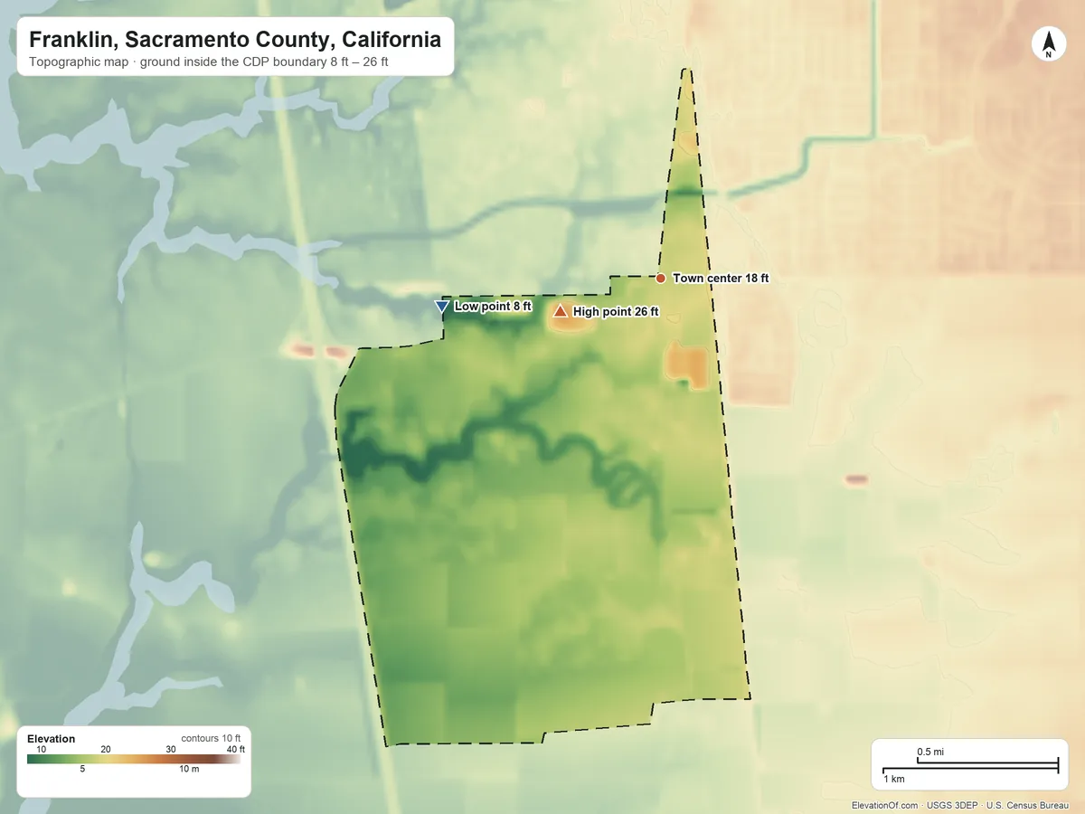 Topographic elevation map of Franklin, Sacramento County, California, shaded from 8 ft on the west side to 26 ft on the west side