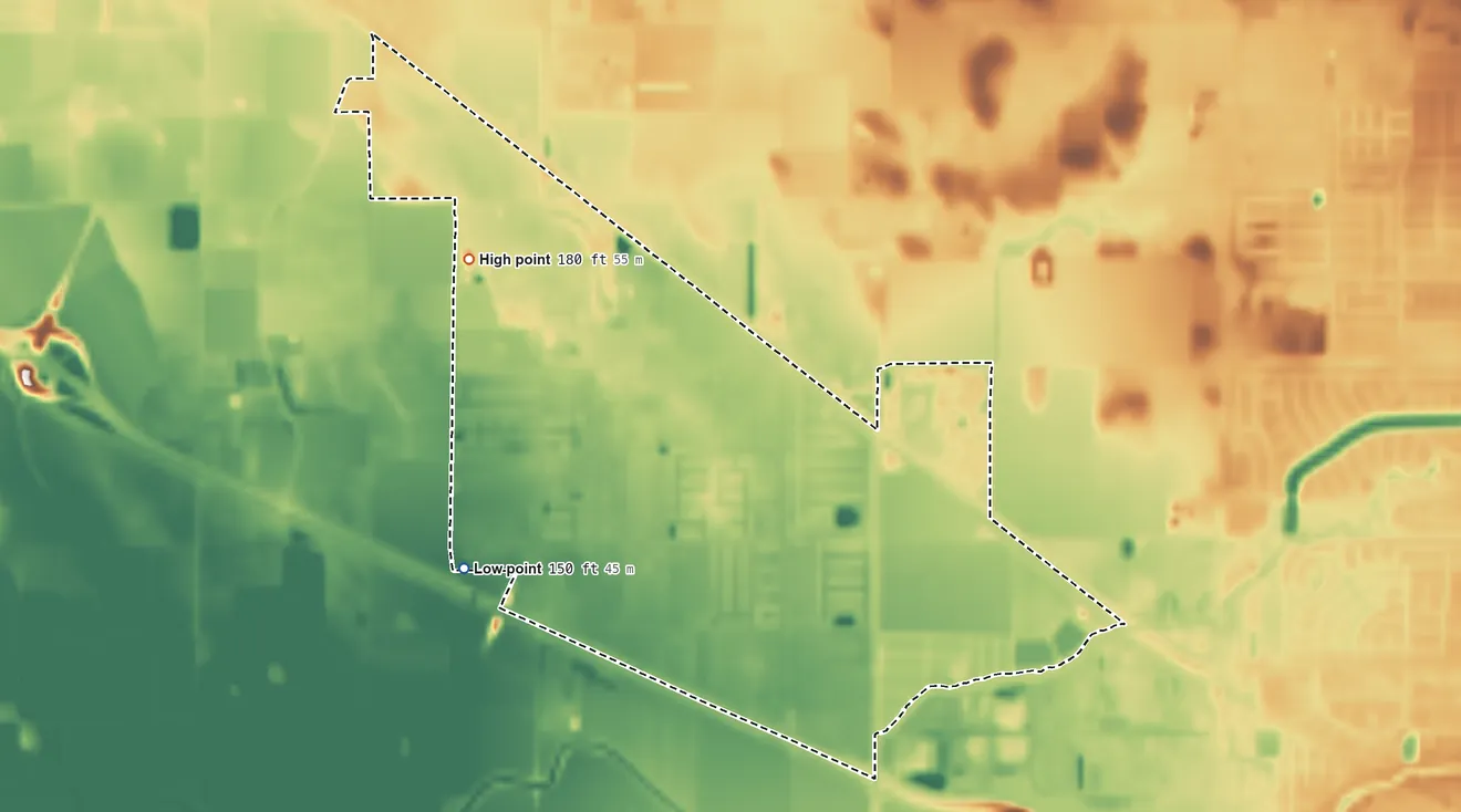 Topographic elevation map of Franklin, California, shaded from 150 ft on the west side to 180 ft on the northwest side