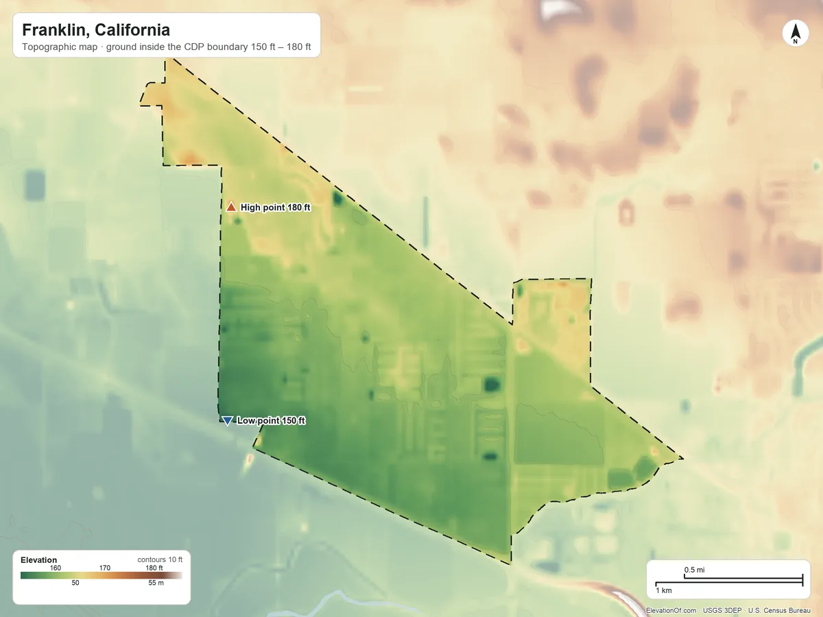 Topographic elevation map of Franklin, California, shaded from 150 ft on the west side to 180 ft on the northwest side