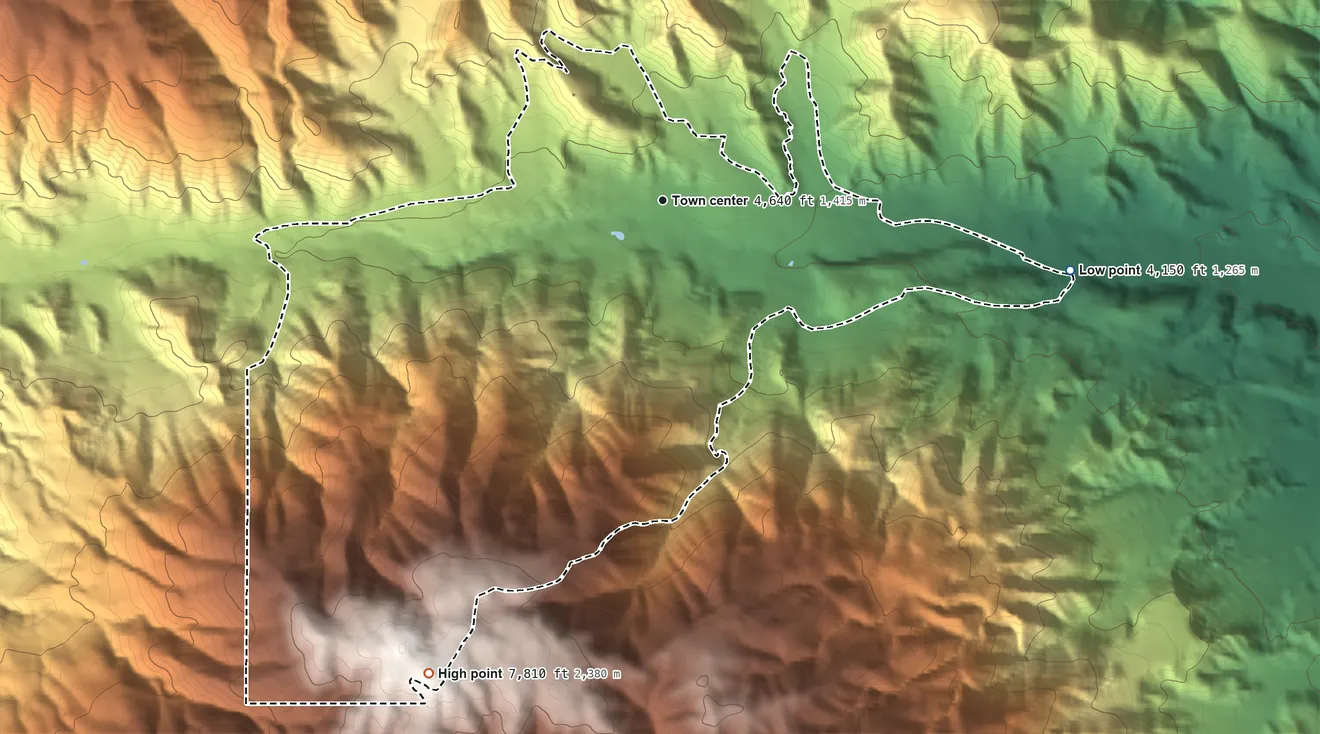 Topographic elevation map of Frazier Park, California, shaded from 4,150 ft on the east side to 7,810 ft on the southwest side