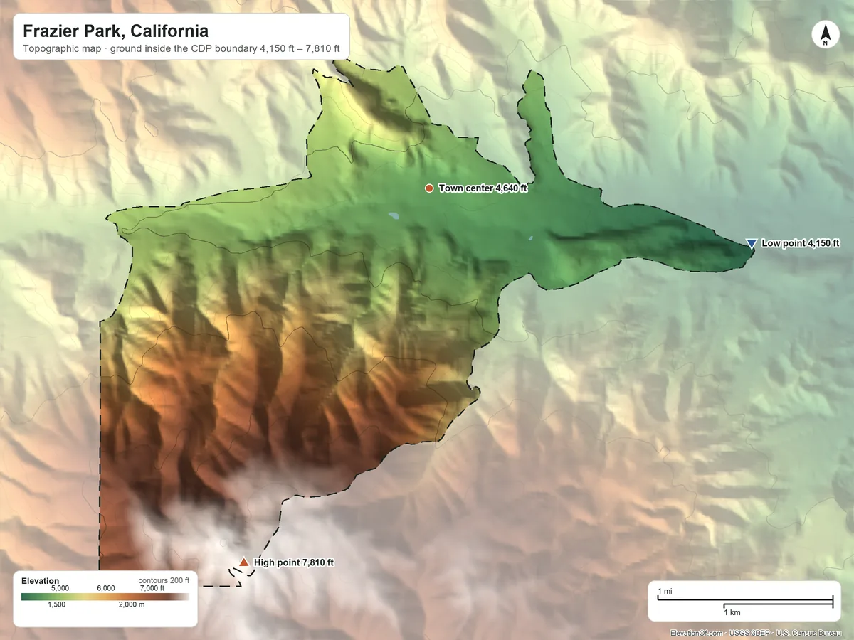 Topographic elevation map of Frazier Park, California, shaded from 4,150 ft on the east side to 7,810 ft on the southwest side