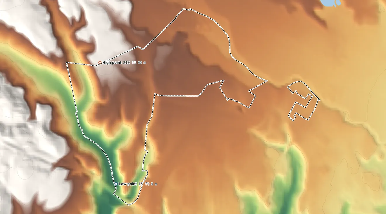 Topographic elevation map of Freedom, California, shaded from 15 ft on the southwest side to 210 ft on the west side