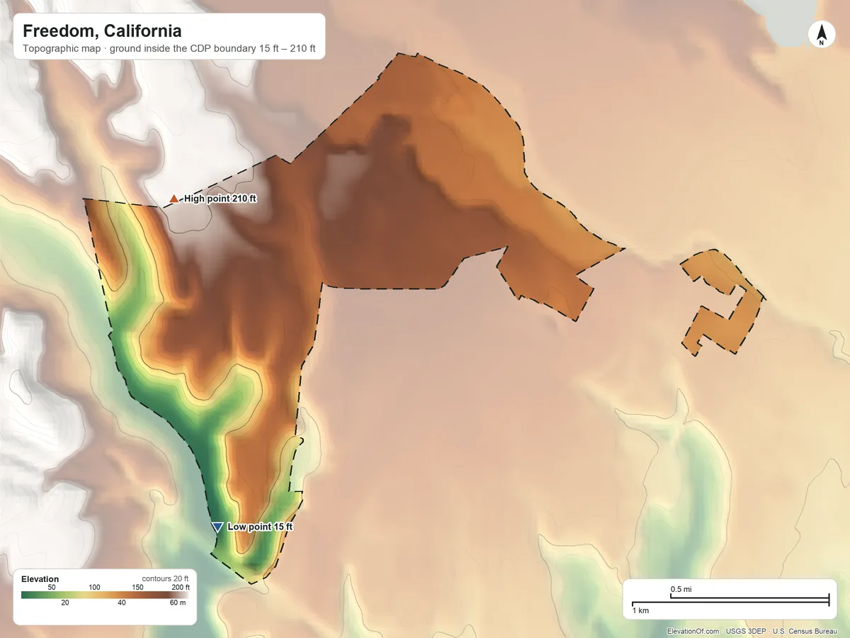 Topographic elevation map of Freedom, California, shaded from 15 ft on the southwest side to 210 ft on the west side