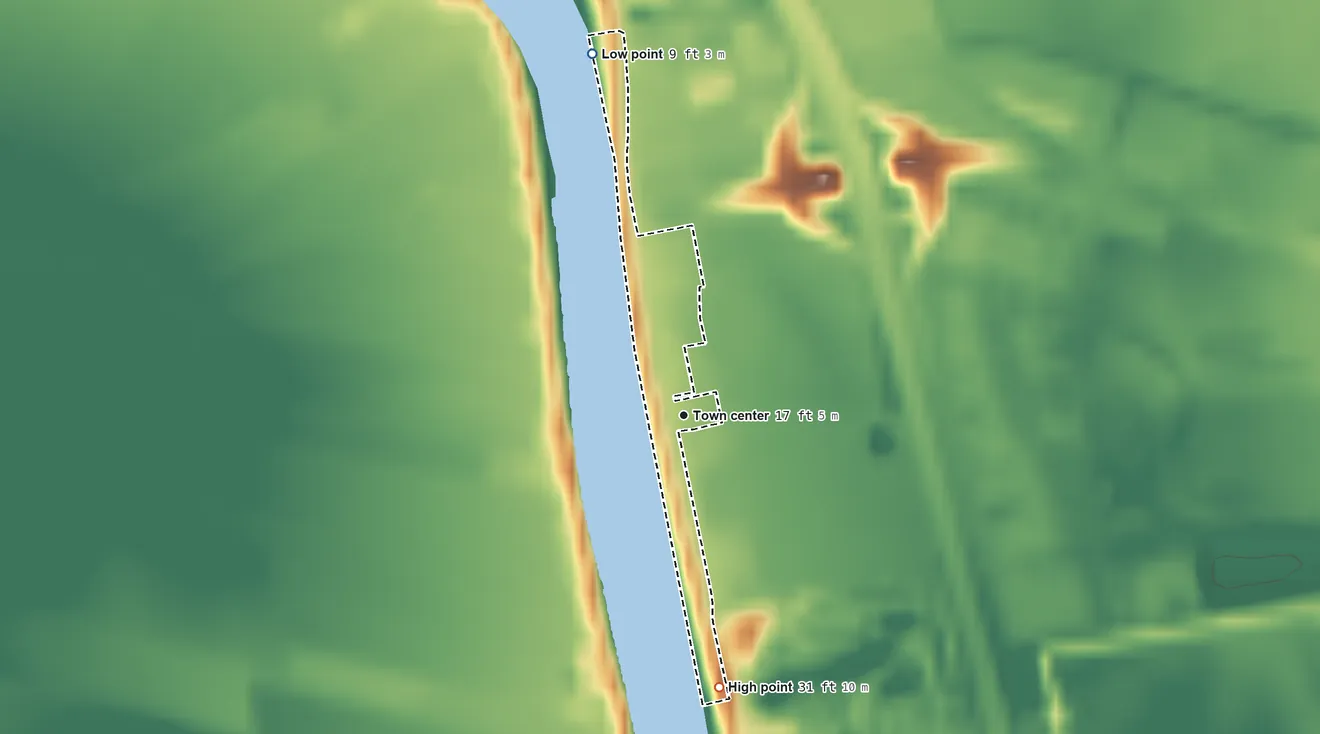 Topographic elevation map of Freeport, California, shaded from 9 ft on the north side to 31 ft on the south side