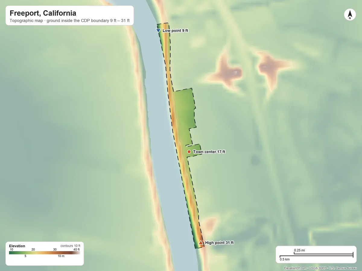 Topographic elevation map of Freeport, California, shaded from 9 ft on the north side to 31 ft on the south side