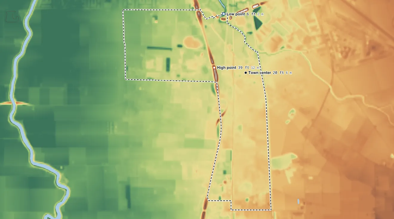 Topographic elevation map of French Camp, California, shaded from 6 ft on the north side to 39 ft on the west side