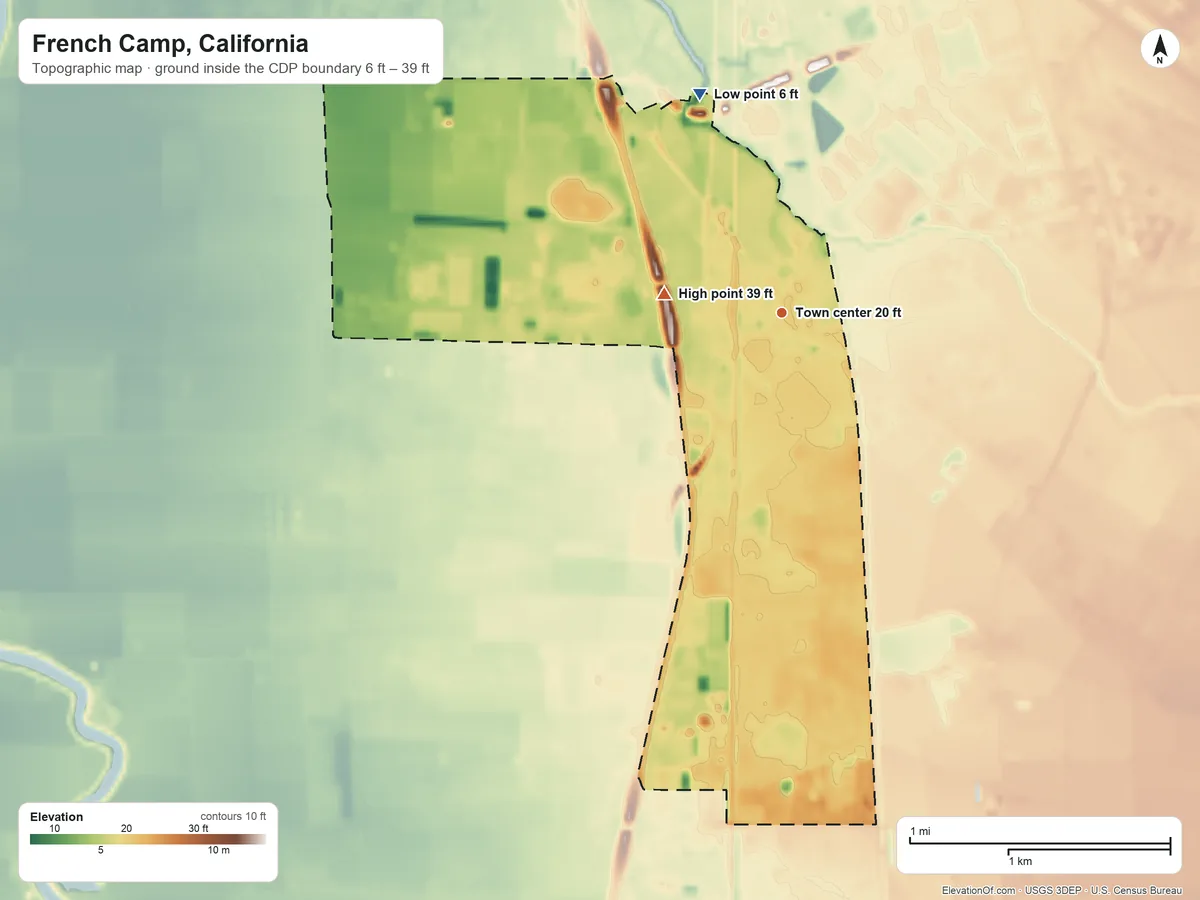Topographic elevation map of French Camp, California, shaded from 6 ft on the north side to 39 ft on the west side