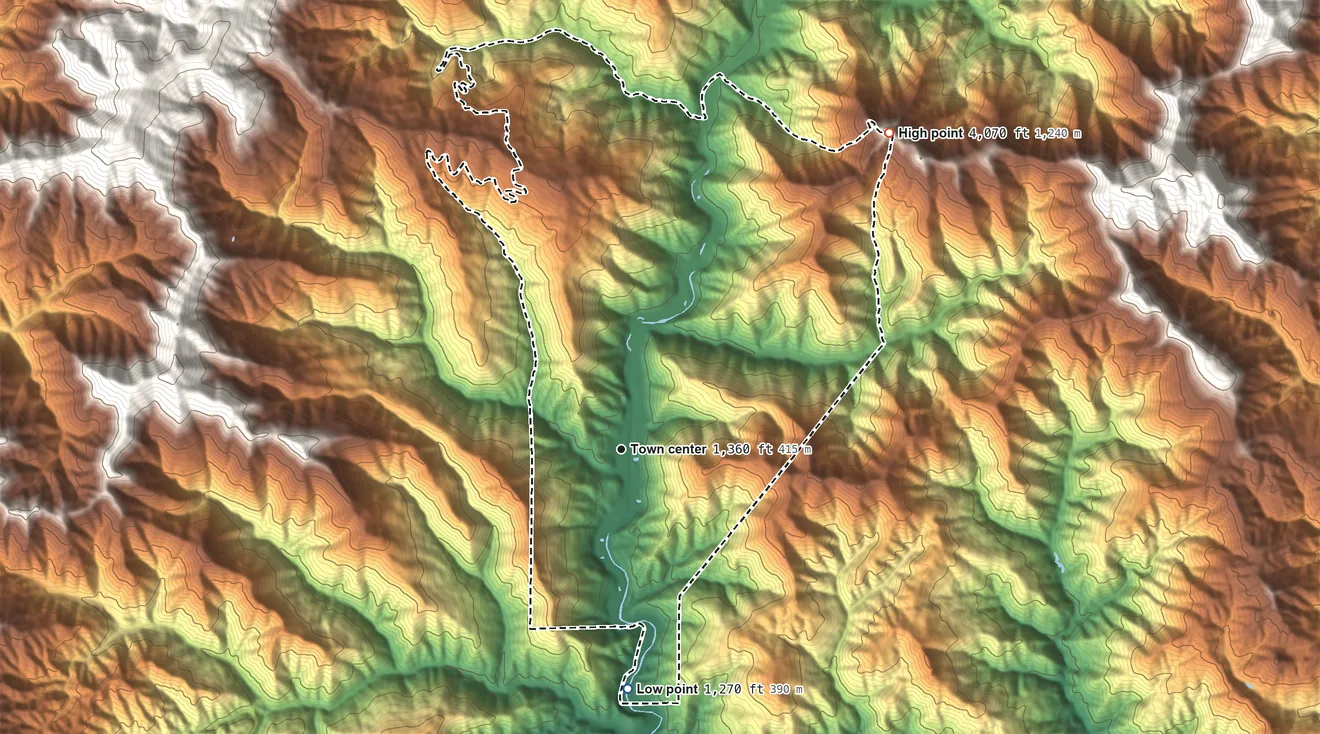 Topographic elevation map of French Gulch, California, shaded from 1,270 ft on the south side to 4,070 ft on the northeast edge, below higher ground just outside