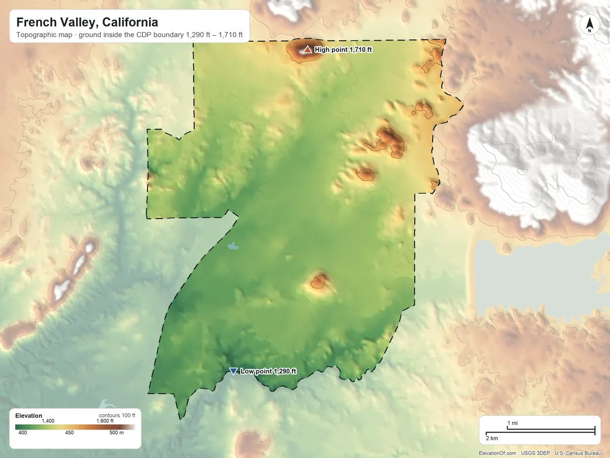 Topographic elevation map of French Valley, California, shaded from 1,290 ft on the south side to 1,710 ft on the north side