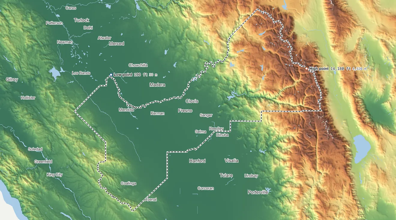 Topographic elevation map of Fresno County, California, shaded from 100 ft on the northwest side to 14,180 ft on North Palisade