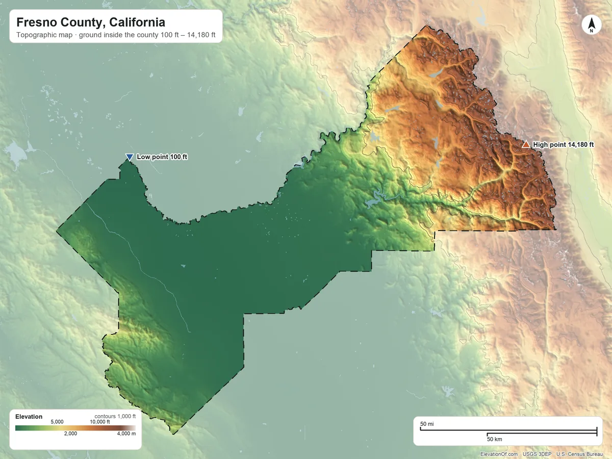 Topographic elevation map of Fresno County, California, shaded from 100 ft on the northwest side to 14,180 ft on North Palisade