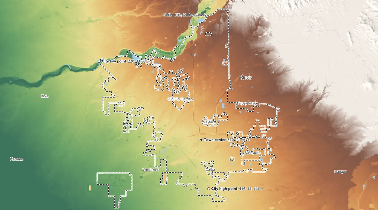 Topographic elevation map of Fresno, California, shaded from 220 ft on the northwest side to 410 ft on the south side
