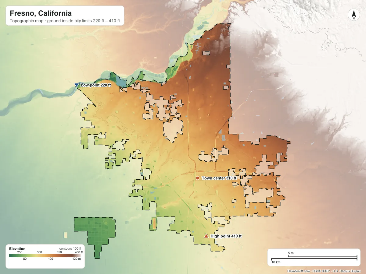 Topographic elevation map of Fresno, California, shaded from 220 ft on the northwest side to 410 ft on the south side