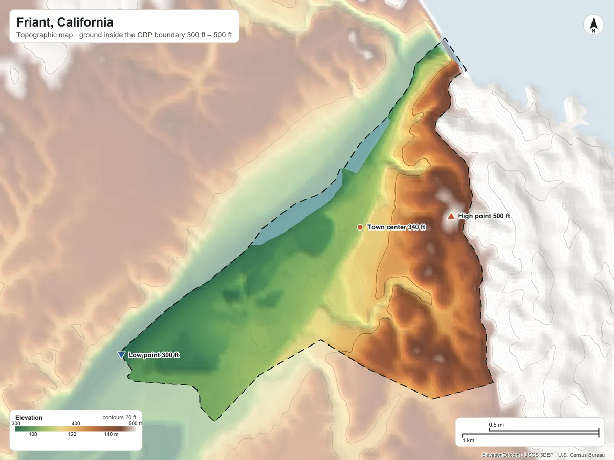 Topographic elevation map of Friant, California, shaded from 300 ft on the southwest side to 500 ft on the east edge, below higher ground just outside