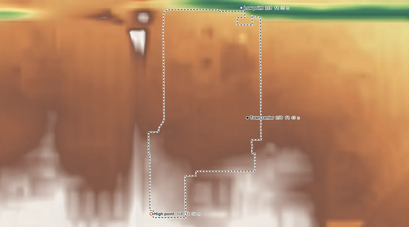 Topographic elevation map of Fruitdale, California, shaded from 110 ft on the north side to 160 ft on the southwest side