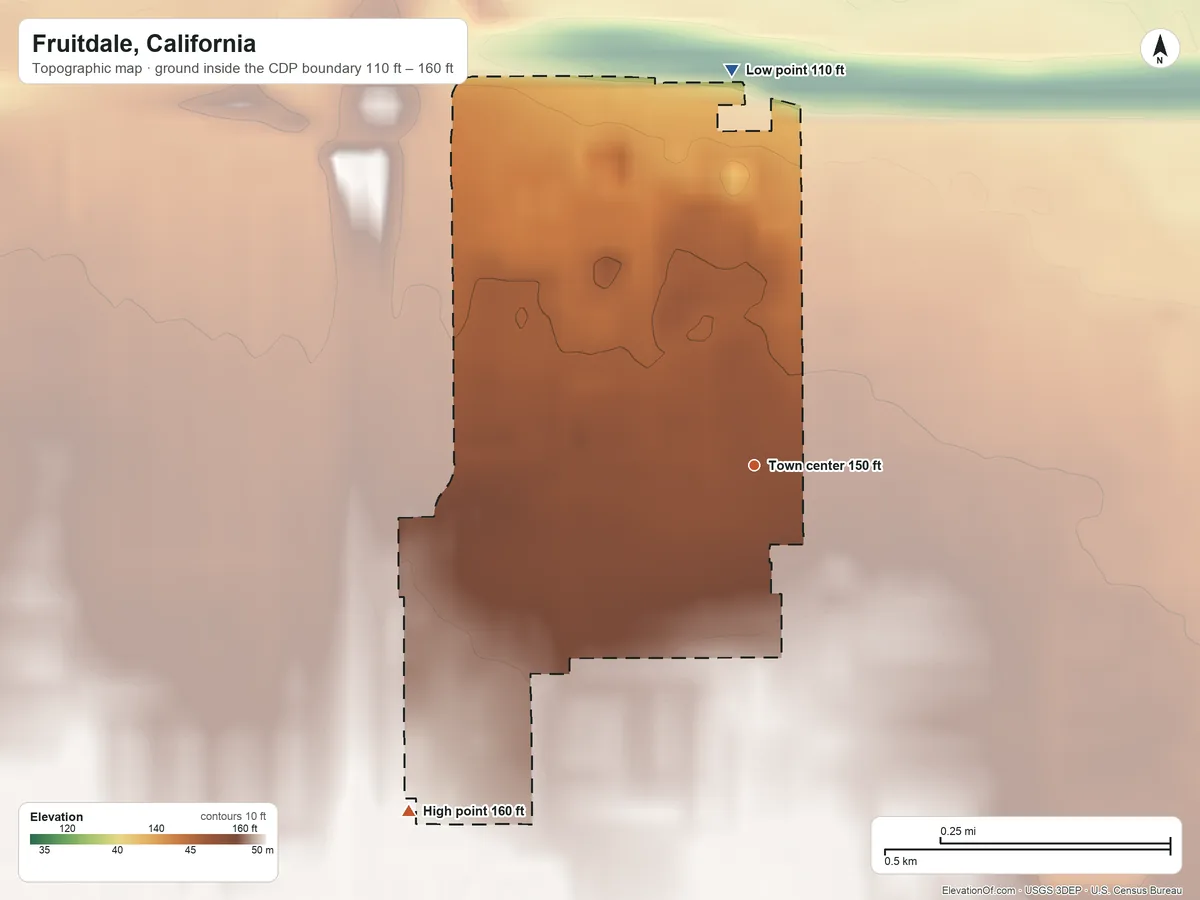 Topographic elevation map of Fruitdale, California, shaded from 110 ft on the north side to 160 ft on the southwest side