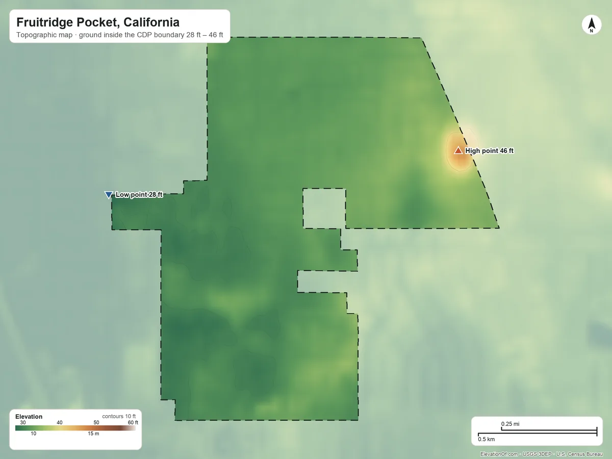 Topographic elevation map of Fruitridge Pocket, California, shaded from 28 ft on the west side to 46 ft on the east side