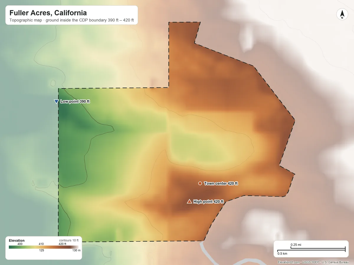Topographic elevation map of Fuller Acres, California, shaded from 390 ft on the northwest side to 420 ft near the middle