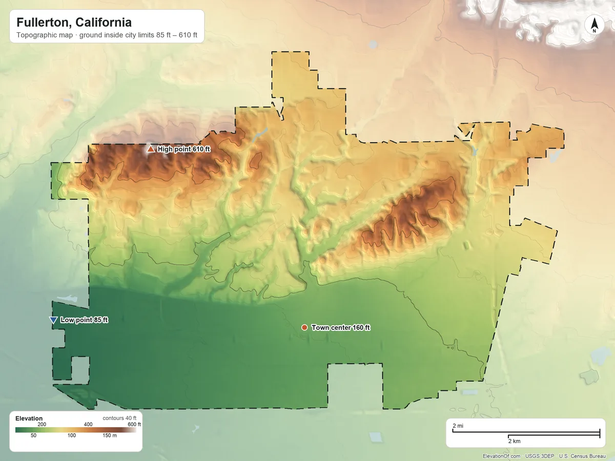 Topographic elevation map of Fullerton, California, shaded from 85 ft on the west side to 610 ft on the northwest side