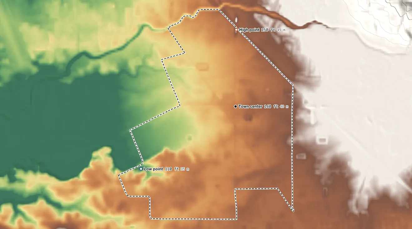 Topographic elevation map of Fulton, California, shaded from 110 ft on the southwest side to 150 ft at the foot of the Bald Hills