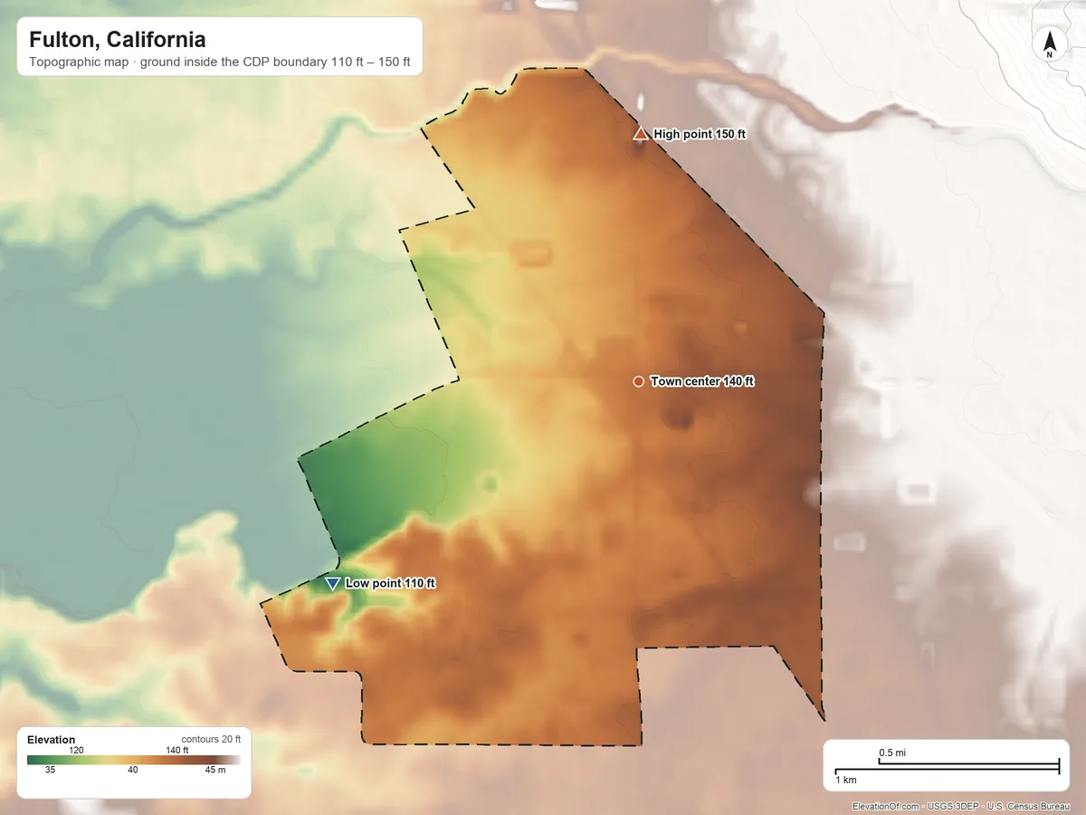 Topographic elevation map of Fulton, California, shaded from 110 ft on the southwest side to 150 ft at the foot of the Bald Hills