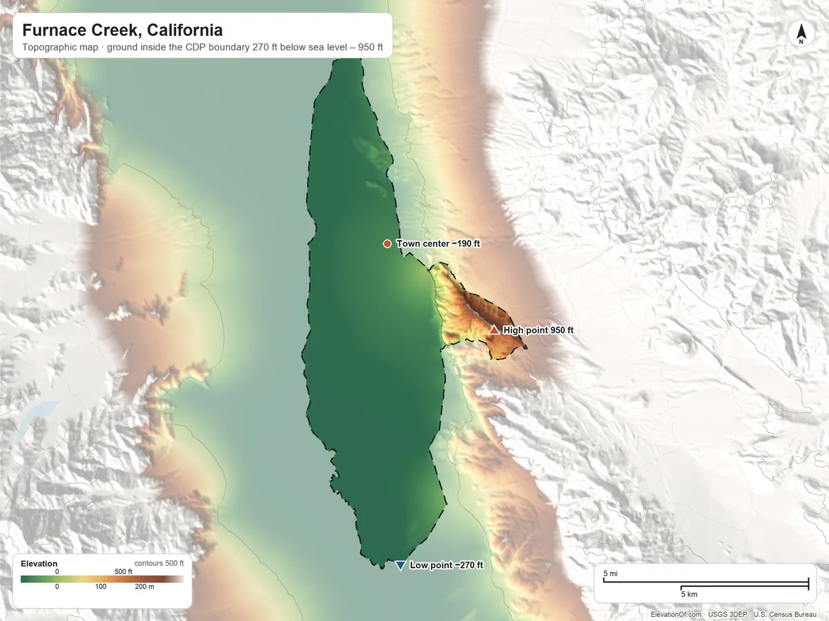 Topographic elevation map of Furnace Creek, California, shaded from −270 ft on the south side to 950 ft at the foot of the Funeral Mountains