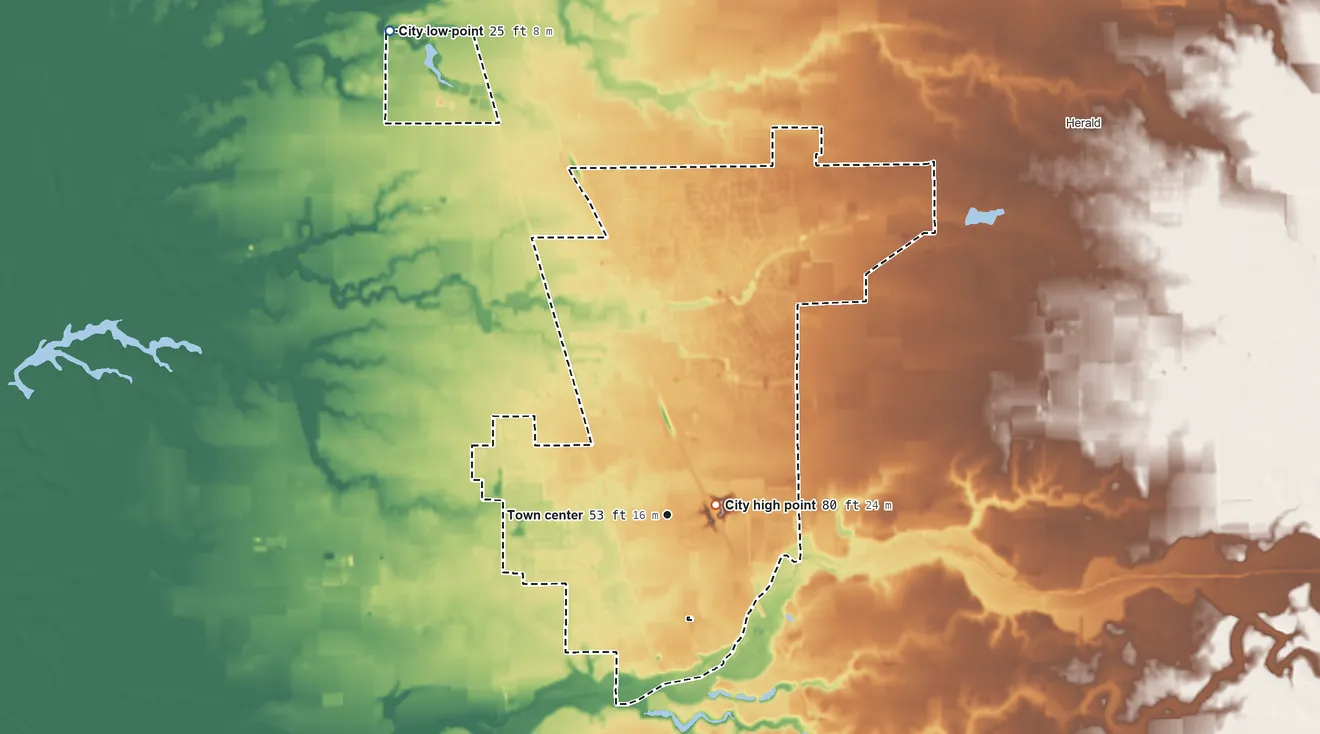 Topographic elevation map of Galt, California, shaded from 25 ft on the northwest side to 80 ft near the middle