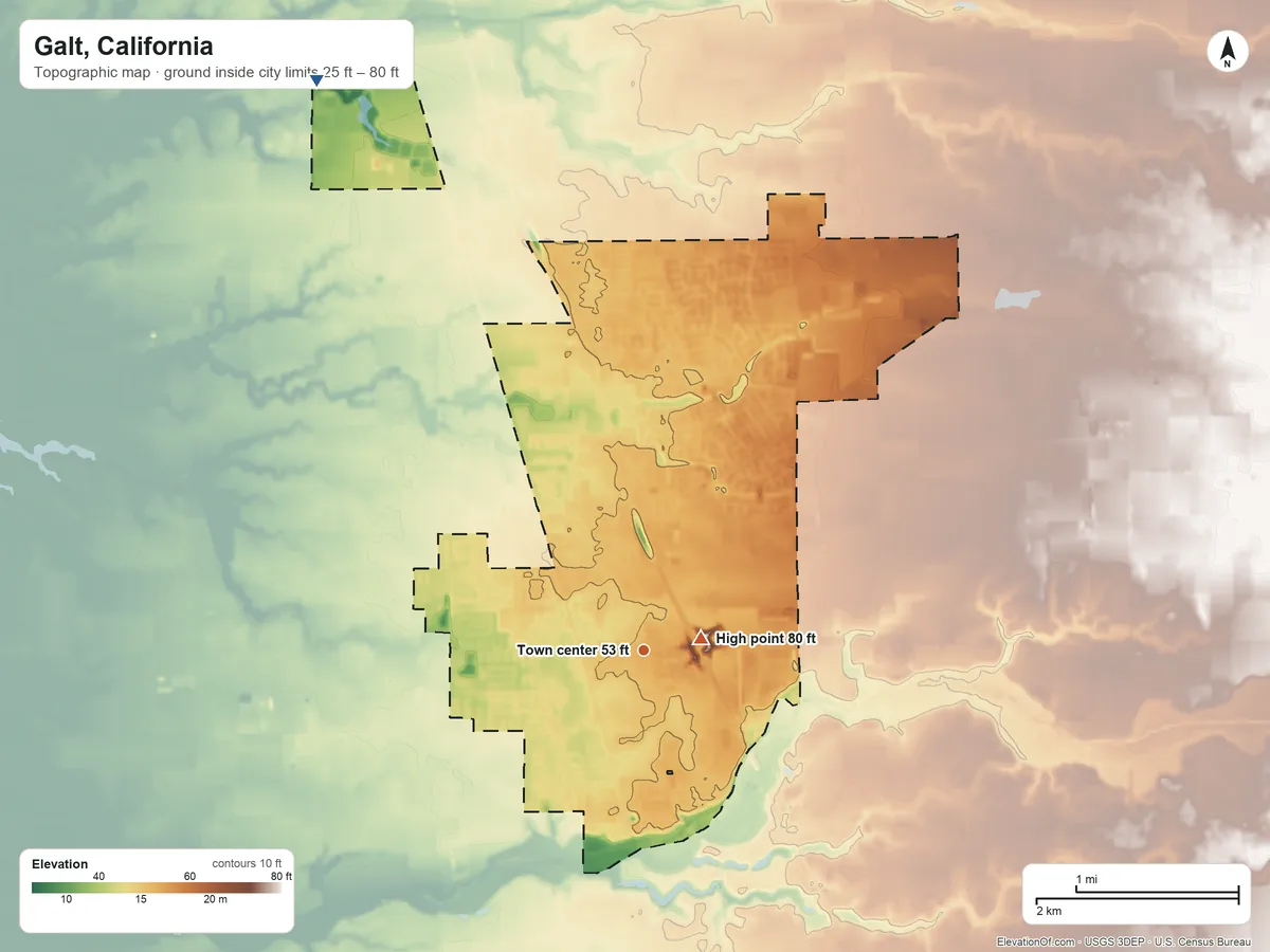 Topographic elevation map of Galt, California, shaded from 25 ft on the northwest side to 80 ft near the middle