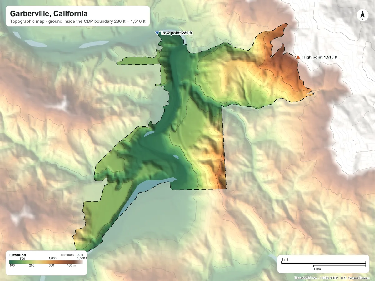 Topographic elevation map of Garberville, California, shaded from 280 ft on the north side to 1,510 ft on the northeast edge, below higher ground just outside