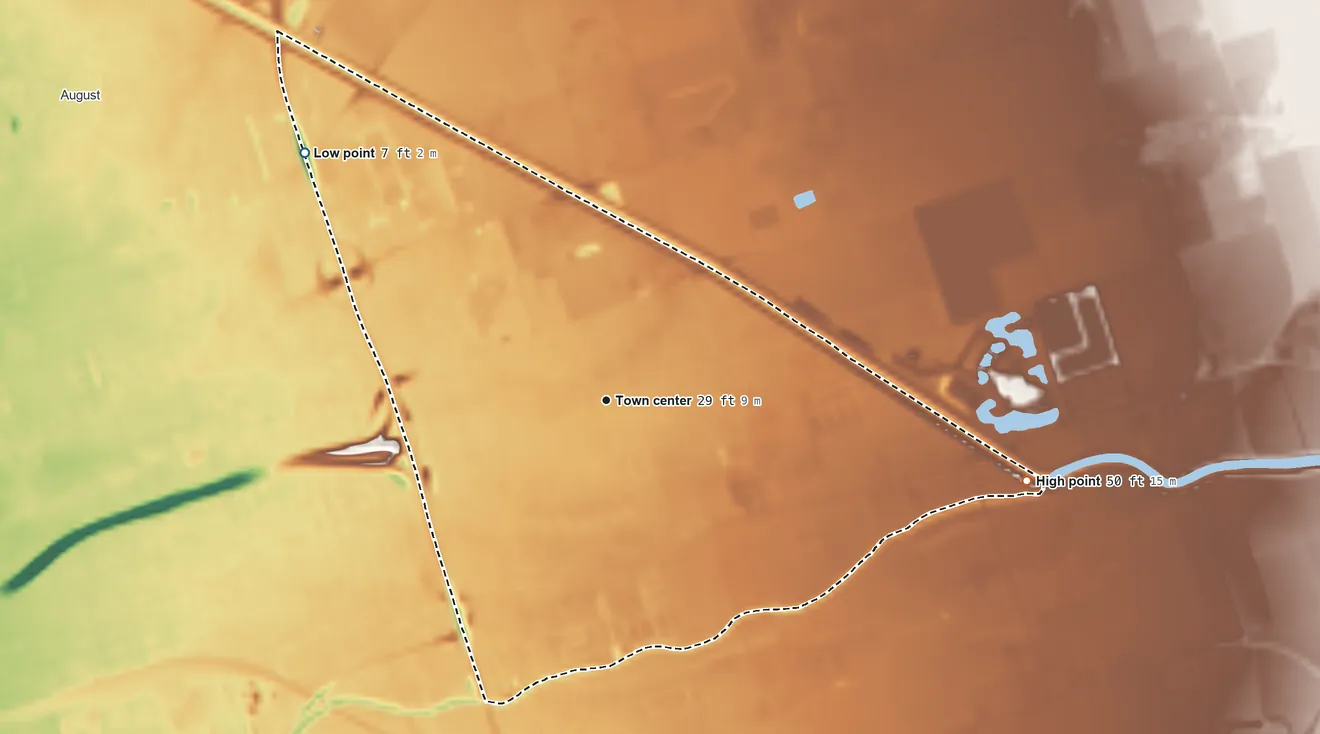 Topographic elevation map of Garden Acres, California, shaded from 7 ft on the northwest side to 50 ft on the east side