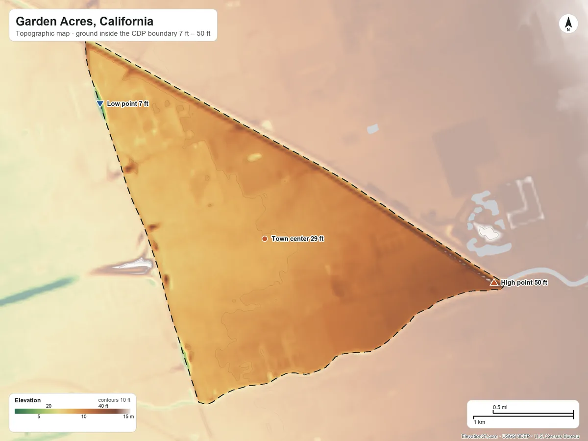 Topographic elevation map of Garden Acres, California, shaded from 7 ft on the northwest side to 50 ft on the east side