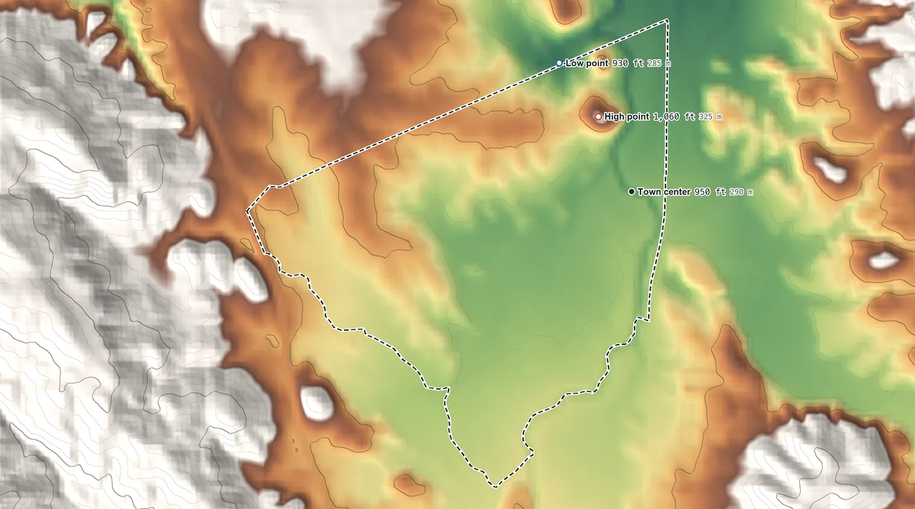 Topographic elevation map of Garden Farms, California, shaded from 930 ft on the northwest side to 1,060 ft on the northwest edge, below higher ground just outside