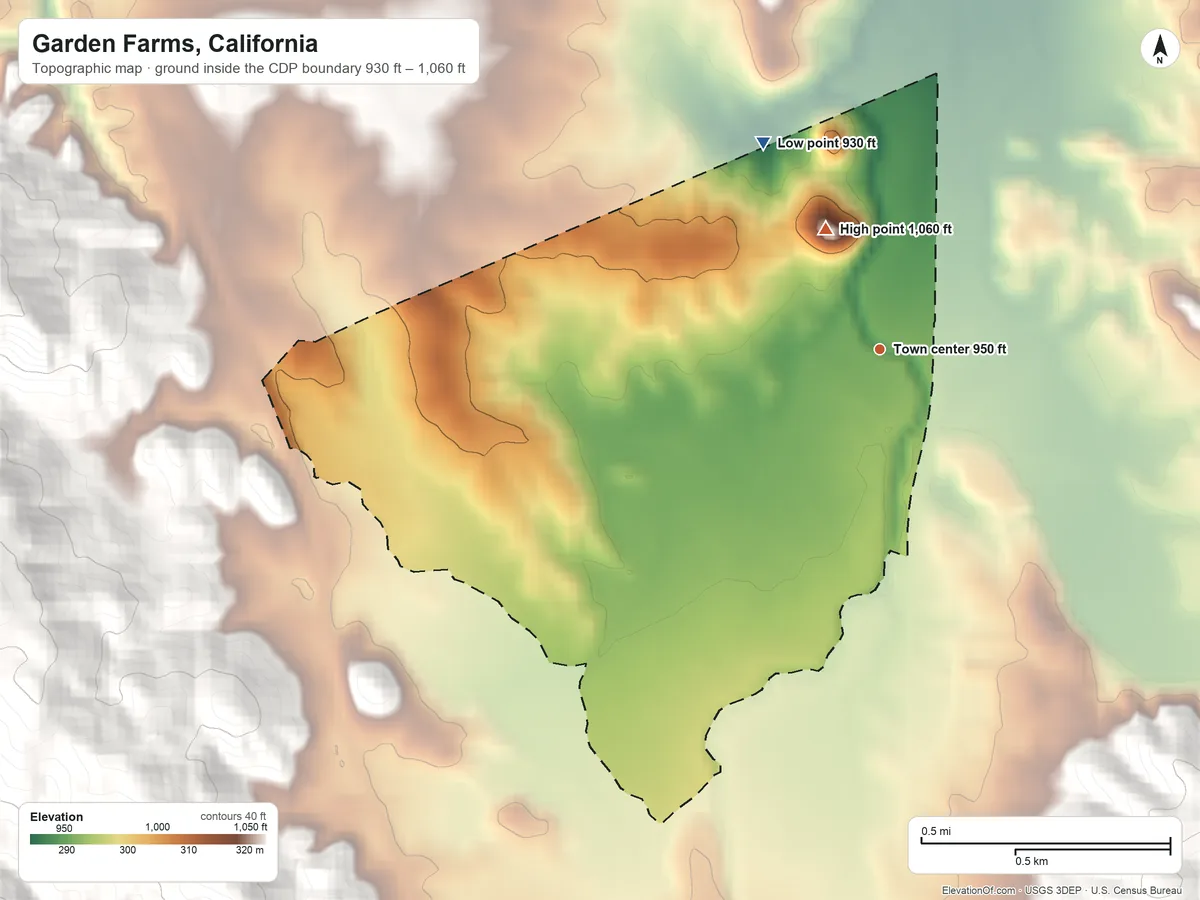 Topographic elevation map of Garden Farms, California, shaded from 930 ft on the northwest side to 1,060 ft on the northwest edge, below higher ground just outside