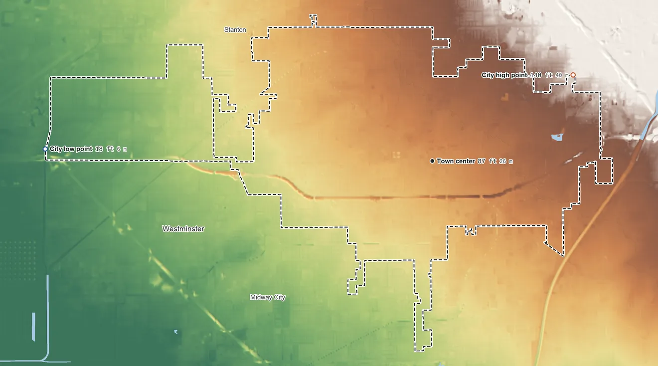 Topographic elevation map of Garden Grove, California, shaded from 18 ft on the west side to 140 ft on the northeast side