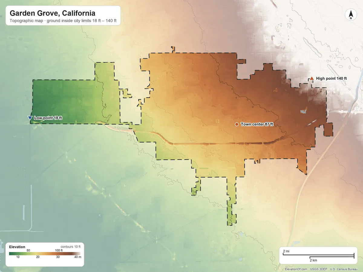 Topographic elevation map of Garden Grove, California, shaded from 18 ft on the west side to 140 ft on the northeast side