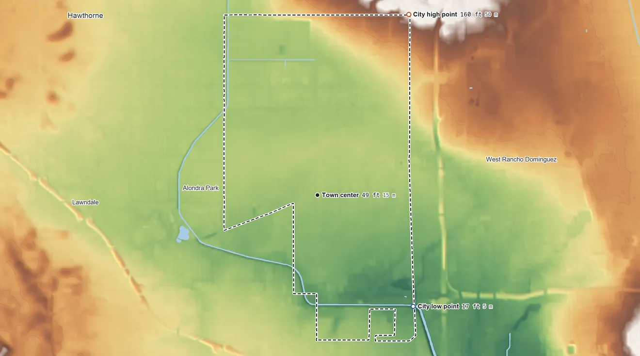 Topographic elevation map of Gardena, California, shaded from 17 ft on the southeast side to 160 ft on the northeast side