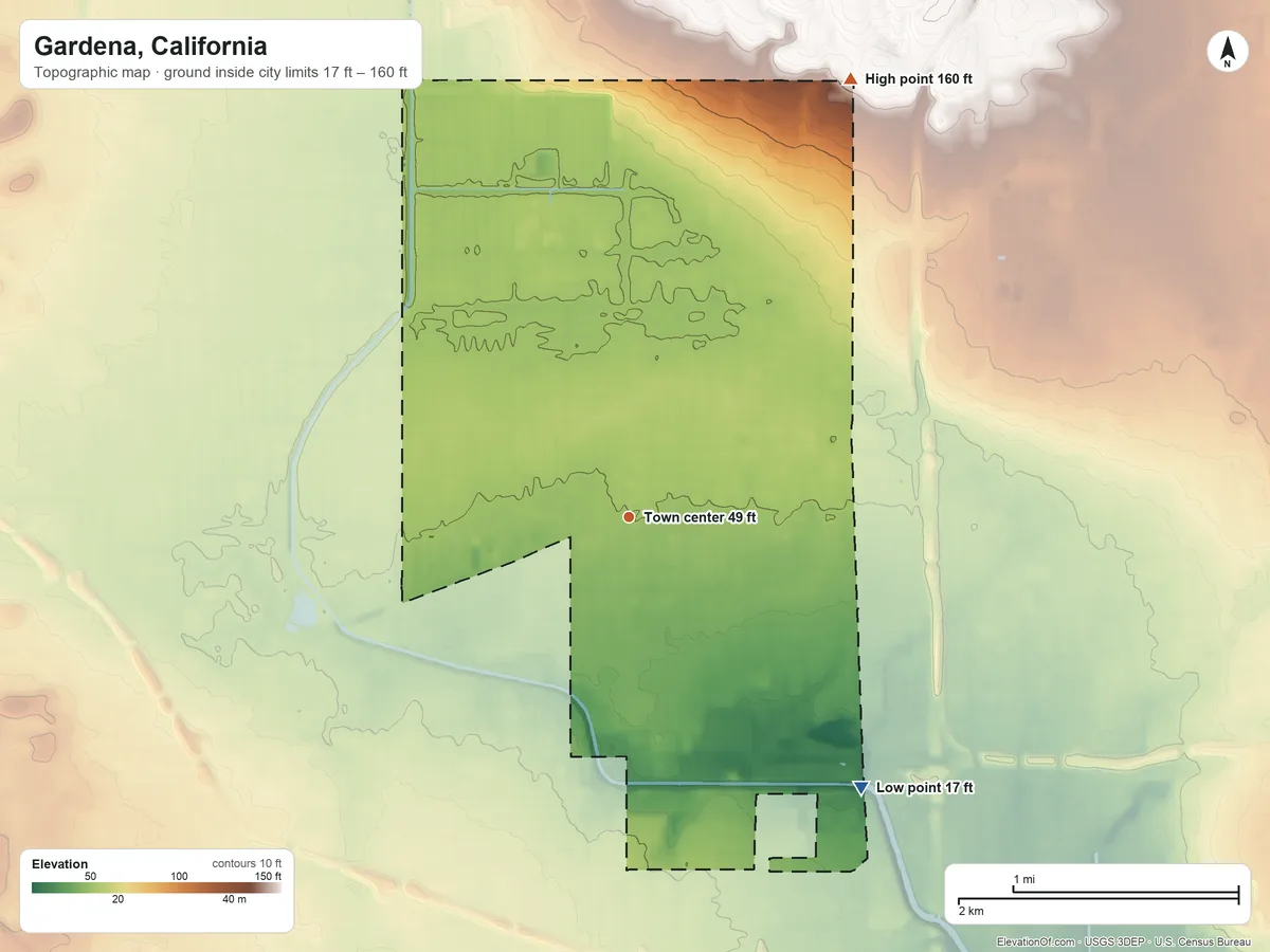 Topographic elevation map of Gardena, California, shaded from 17 ft on the southeast side to 160 ft on the northeast side