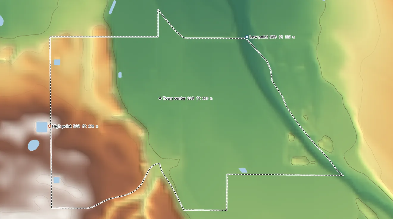 Topographic elevation map of Garey, California, shaded from 360 ft on the northeast side to 560 ft on the west side