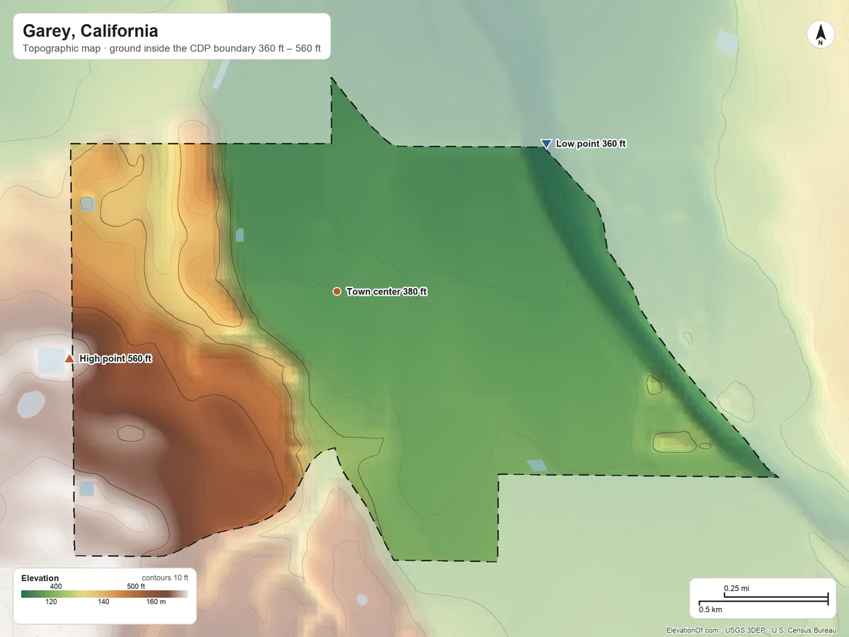 Topographic elevation map of Garey, California, shaded from 360 ft on the northeast side to 560 ft on the west side
