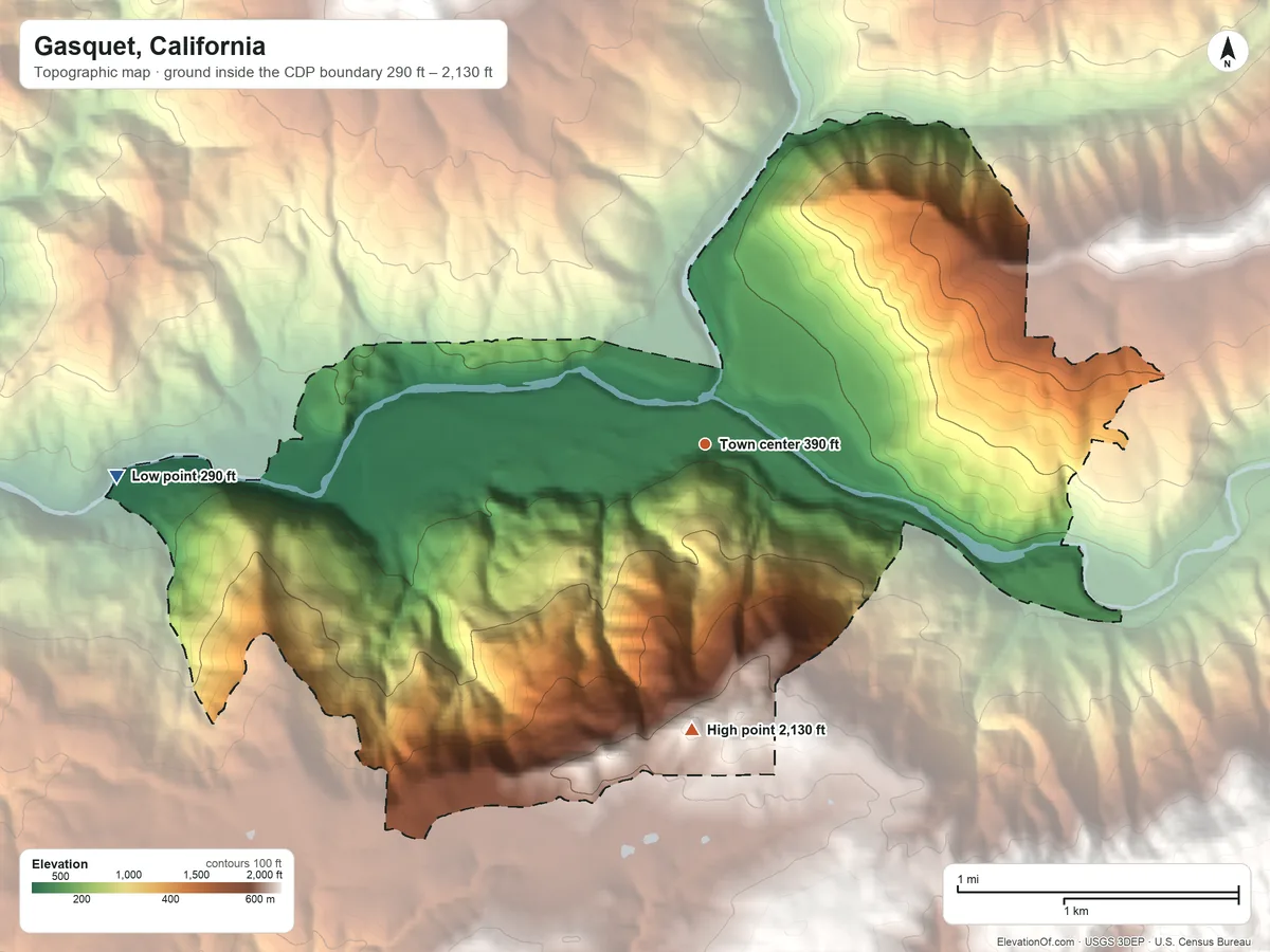 Topographic elevation map of Gasquet, California, shaded from 290 ft on the west side to 2,130 ft at the foot of the Four Brothers