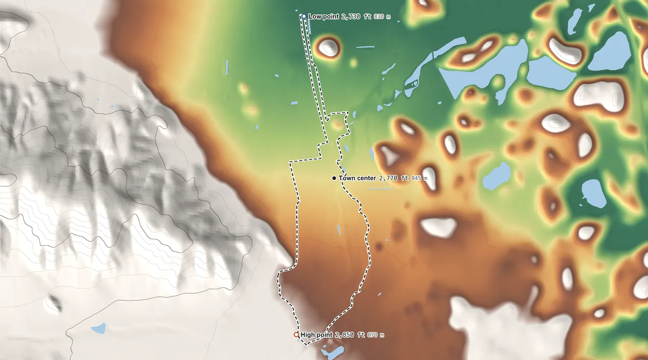 Topographic elevation map of Gazelle, California, shaded from 2,730 ft on the north side to 2,850 ft at the foot of the Trinity Mountains
