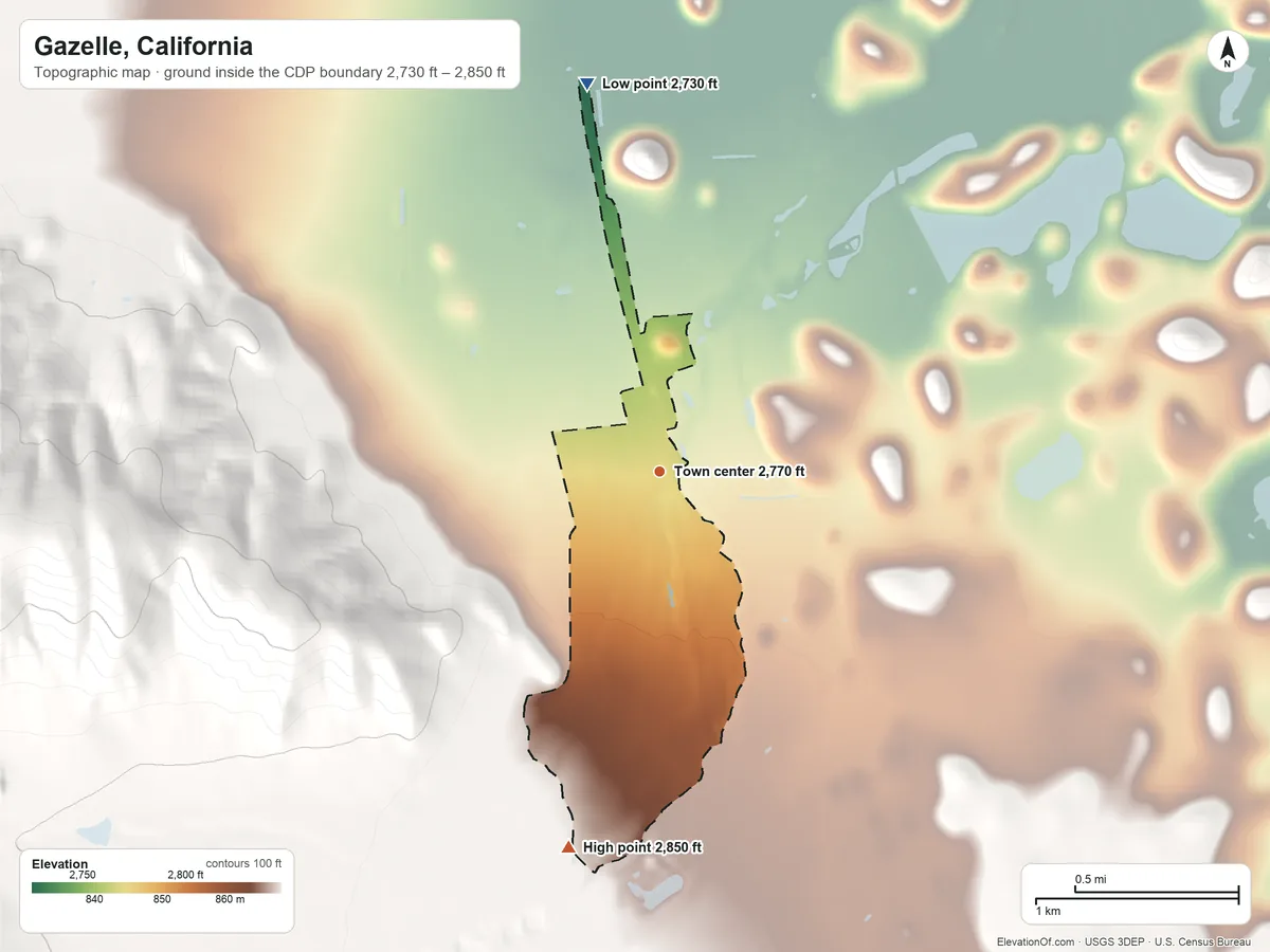 Topographic elevation map of Gazelle, California, shaded from 2,730 ft on the north side to 2,850 ft at the foot of the Trinity Mountains