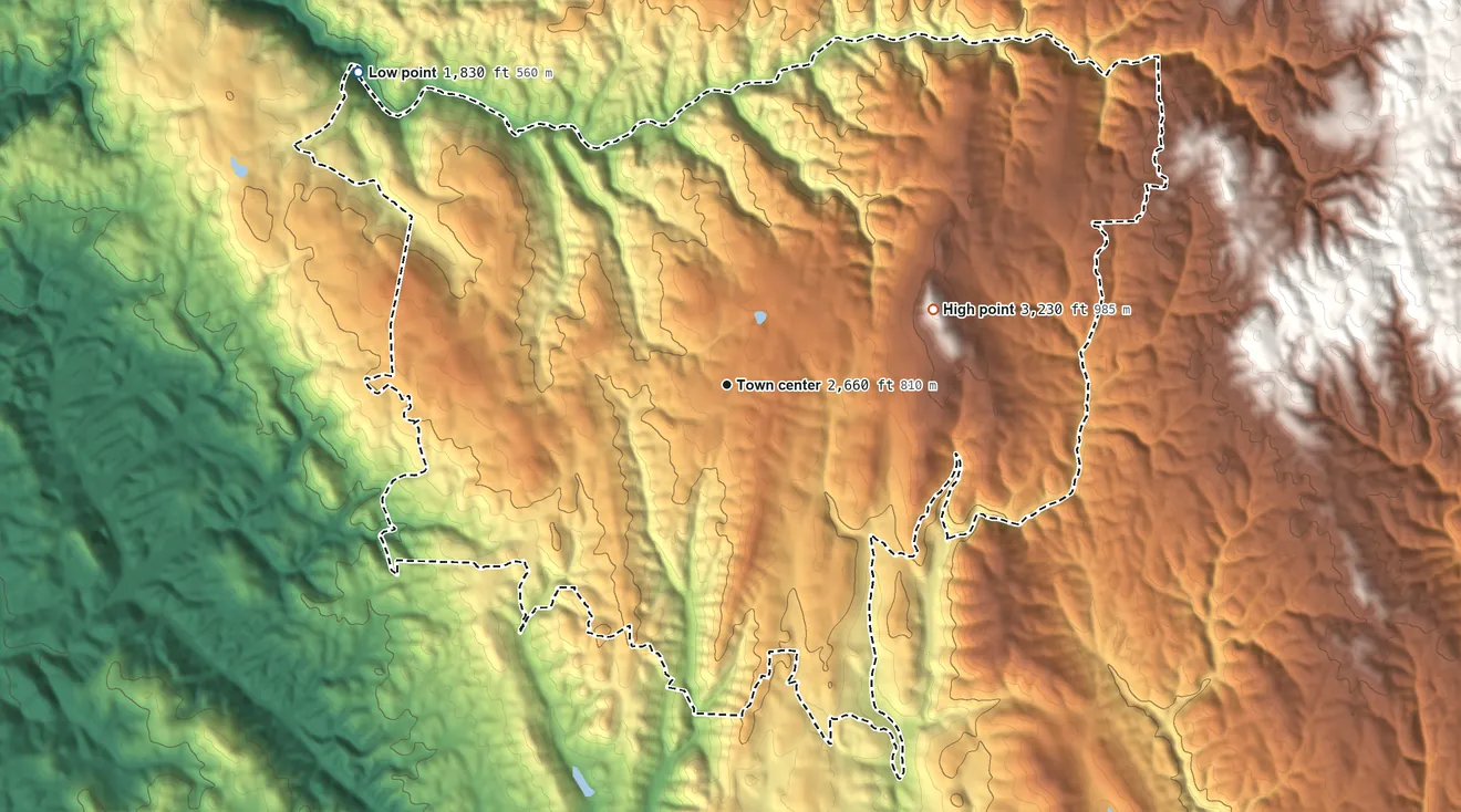 Topographic elevation map of Georgetown, California, shaded from 1,830 ft on the northwest side to 3,230 ft on Hotchkiss Hill