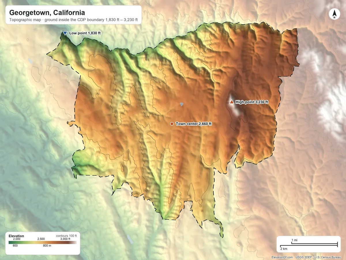 Topographic elevation map of Georgetown, California, shaded from 1,830 ft on the northwest side to 3,230 ft on Hotchkiss Hill