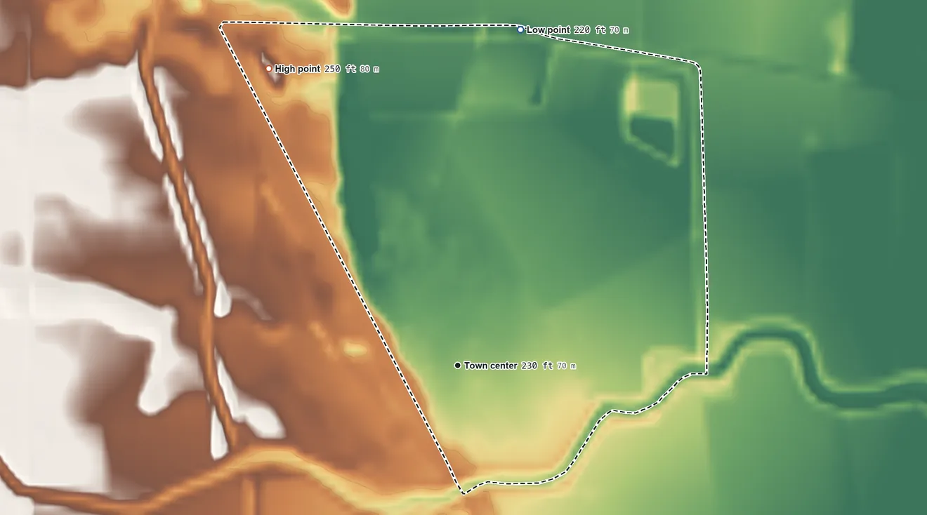 Topographic elevation map of Gerber, California, shaded from 220 ft on the north side to 250 ft on the northwest side