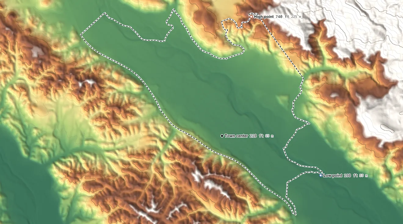 Topographic elevation map of Geyserville, California, shaded from 180 ft on the east side to 740 ft at the foot of the Bald Hills