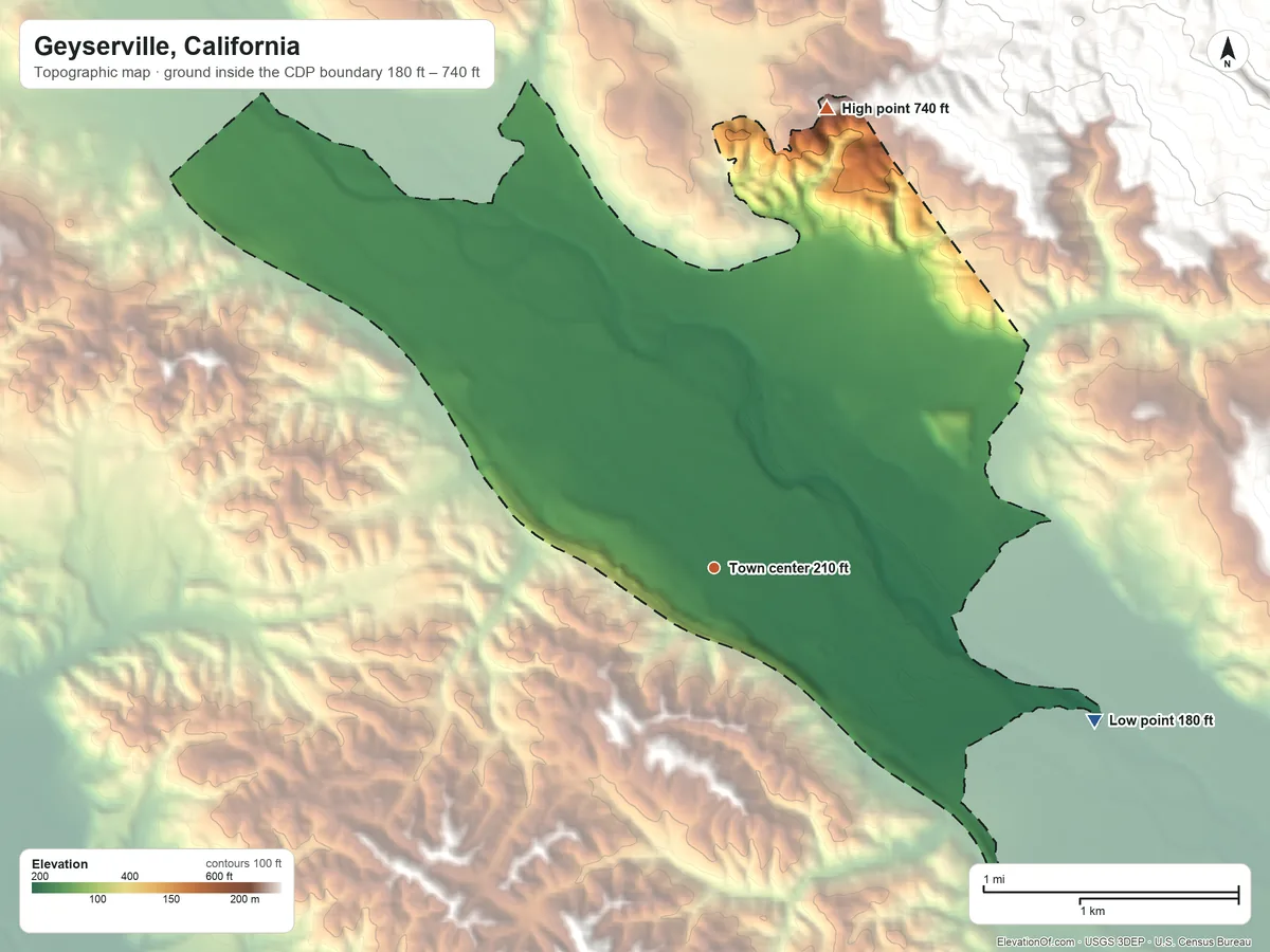Topographic elevation map of Geyserville, California, shaded from 180 ft on the east side to 740 ft at the foot of the Bald Hills